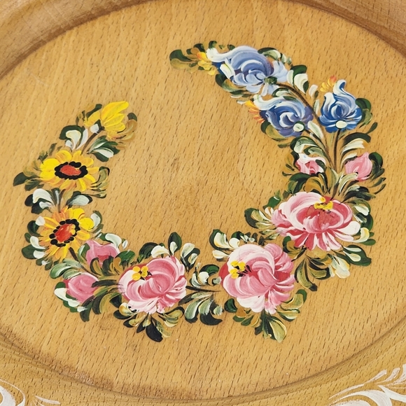 Vintage Hand Painted Wooden Plate Wall Hanging Floral - Picture 2 of 3